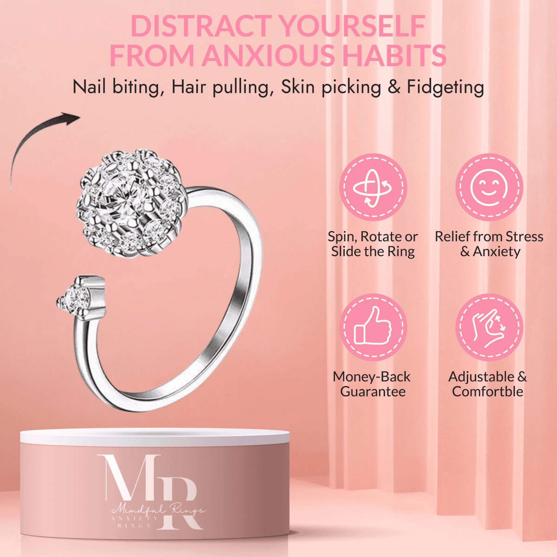 Mindful Rings - The Calm Multi Clear Gem Fidget Spinner Ring - Mindful Rings