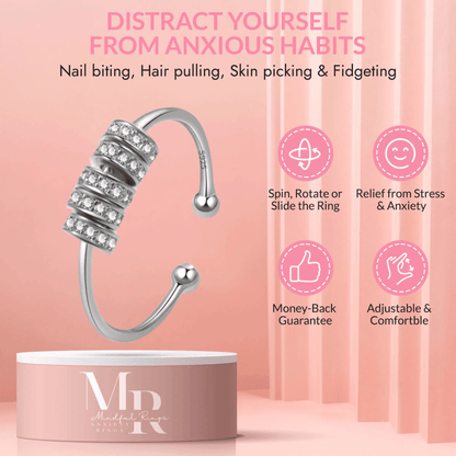 Mindful Rings Anxiety Ring Adjustable Size - One Size Fits All The Embrace Collection - Silver Fidget Spinner Ring