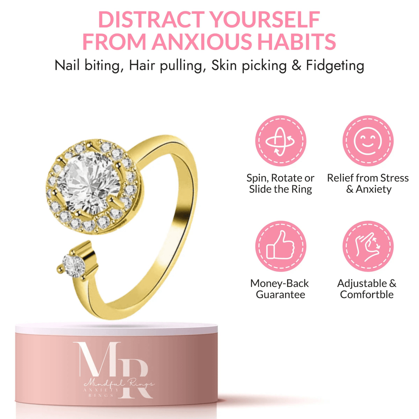 Mindful Rings Anxiety Ring Adjustable Size - One Size Fits All The Enlightened Collection Mindful Rings - Sterling Silver Gold Plated Fidget Spinner Ring