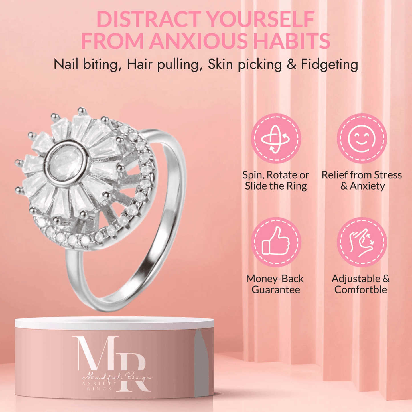 Mindful Rings Anxiety Ring Adjustable Size - One Size Fits All The Focus Collection - Large Snow Flake Silver Fidget Spinner Ring