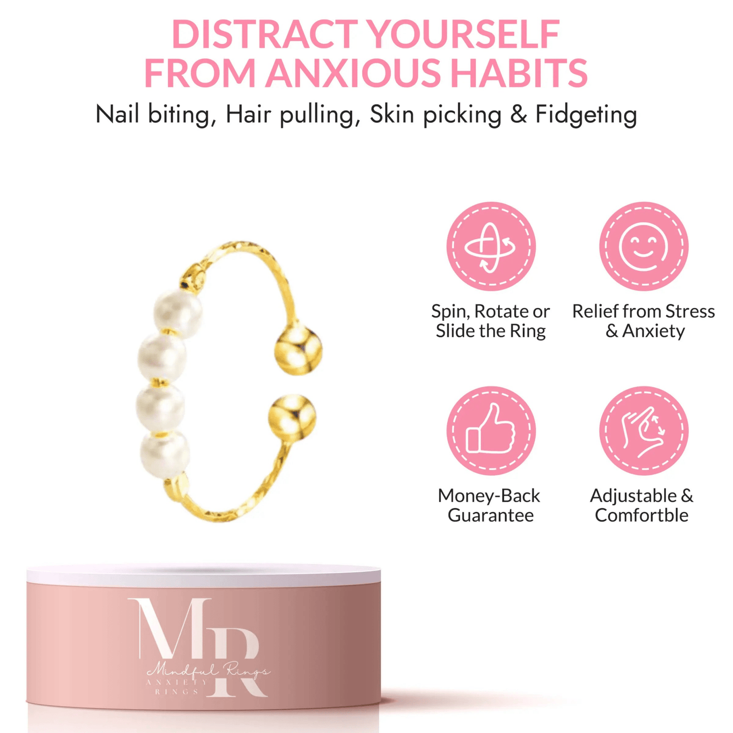 Mindful Rings Anxiety Ring Adjustable Sizing - Fits Most Fingers The Gold Plated - White Faux Pearl Fidget Anxiety Ring