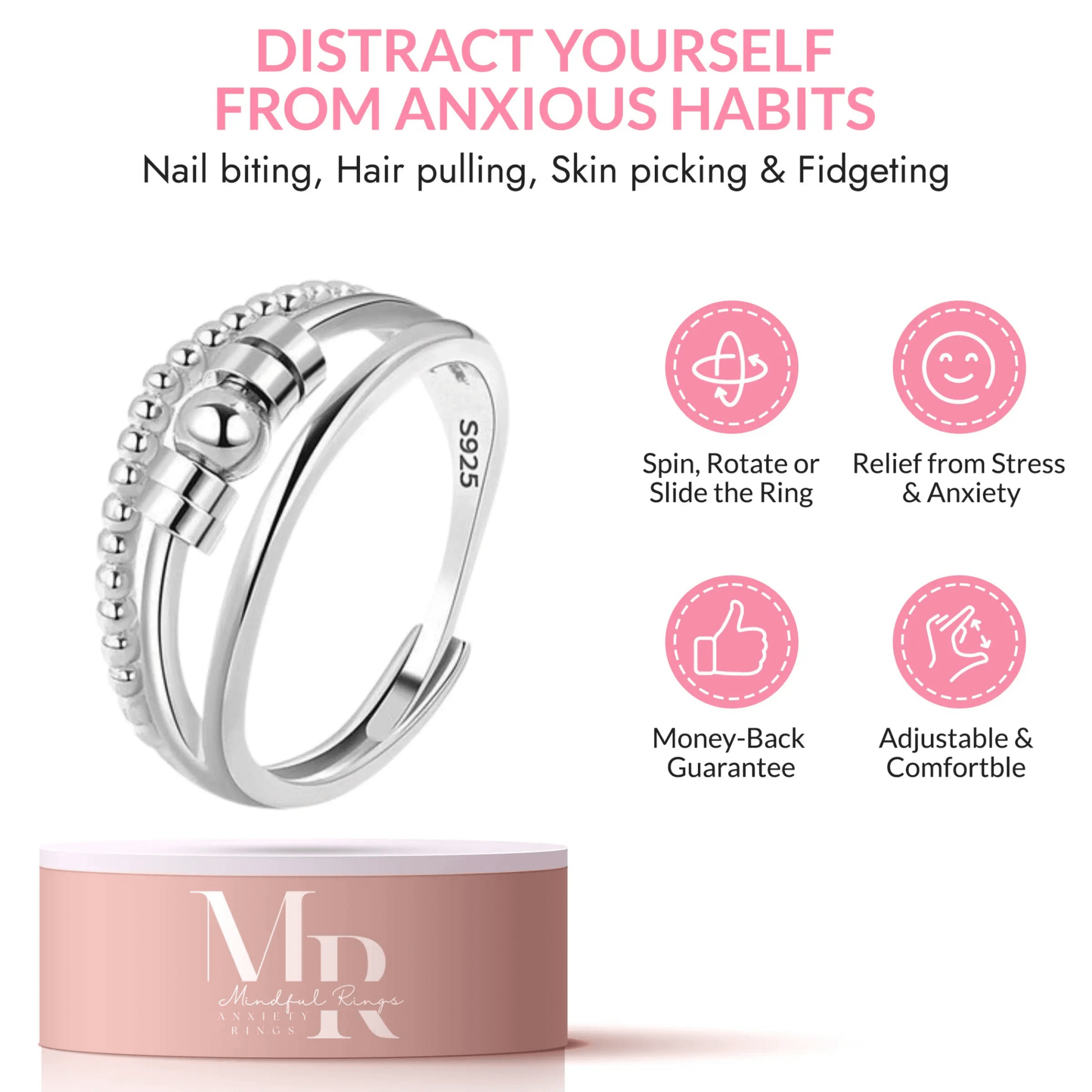 Mindful Rings Anxiety Ring Adjustable Size - One Size Fits All The Pure Collection Collection -  Fidget Spinner Ring