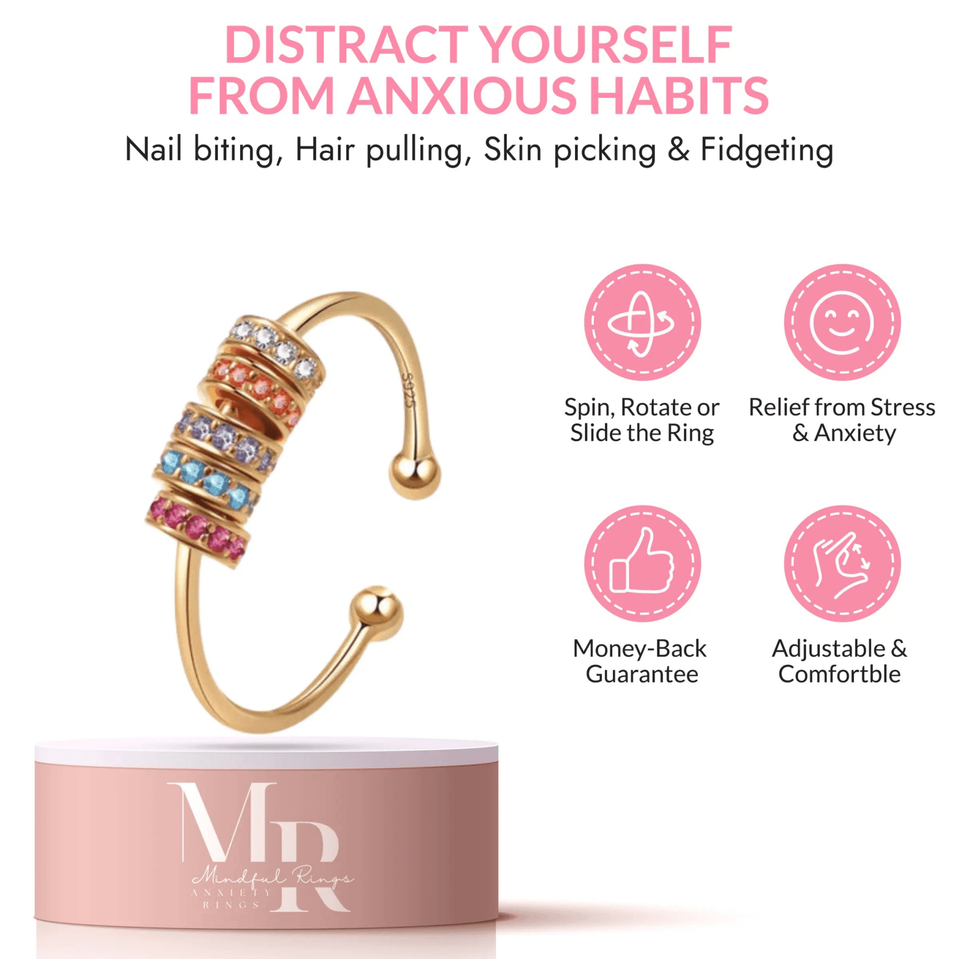 Mindful Rings Anxiety Ring Adjustable Size - One Size Fits All The Rainbow Embrace Collection - Gold Plated Fidget Spinner Ring