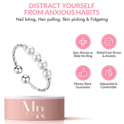 Mindful Rings Anxiety Ring Adjustable Sizing - Fits Most Fingers The Silver Twist Plated - White Faux Pearl Fidget Anxiety Ring