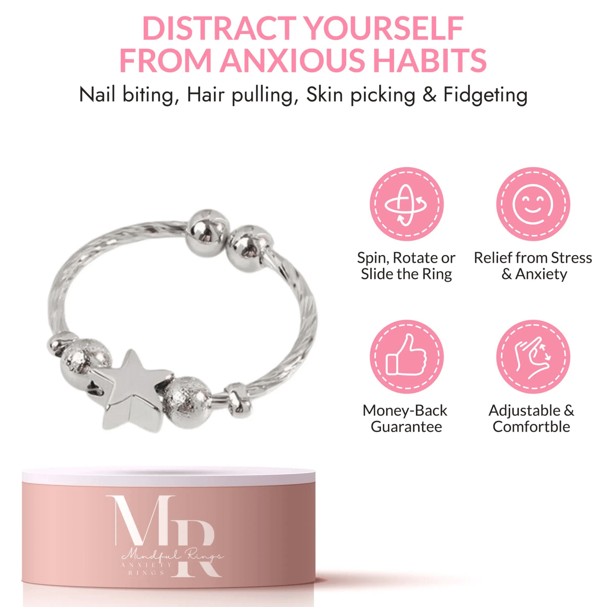 Mindful Rings Anxiety Ring Adjustable Size - One Size Fits All The Star Shine Collection - Sterling Silver Fidget Spinner Ring