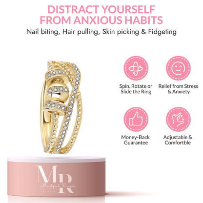 Mindful Rings Anxiety Ring Adjustable Size - One Size Fits All The Tranquility Collection - Gold Plated Fidget Spinner Ring