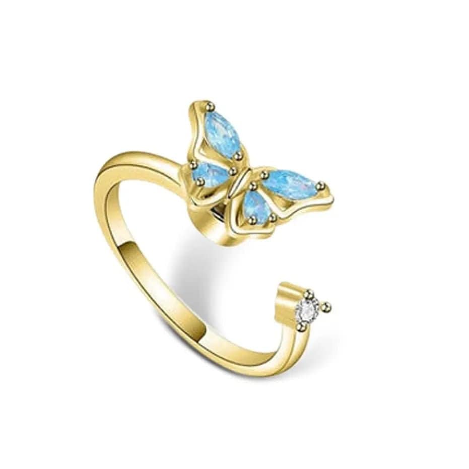 Mindful Rings Anxiety Ring Adjustable Size - One Size Fits All The Wellbeing Collection - Gold Plated Blue Butterfly Fidget Spinner Ring