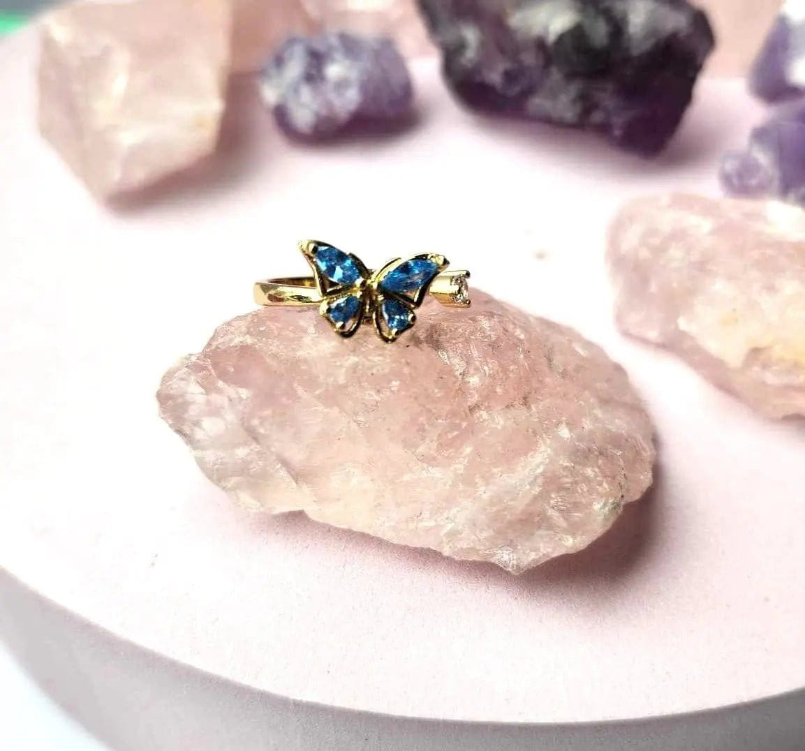 Mindful Rings Anxiety Ring Adjustable Size - One Size Fits All The Wellbeing Collection - Gold Plated Blue Butterfly Fidget Spinner Ring