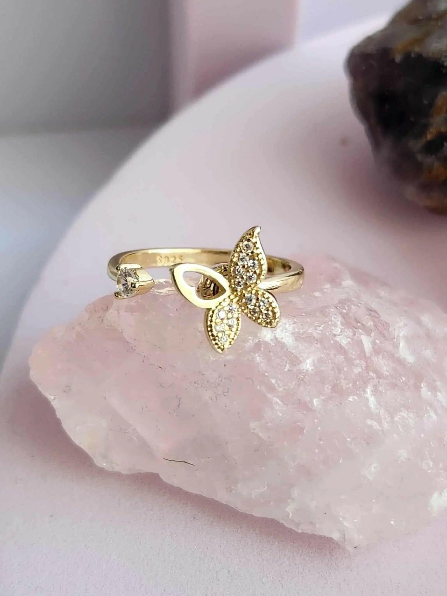 Mindful Rings Anxiety Ring Adjustable Size - One Size Fits All The Wellness Collection Mindful Rings - Gold Plated Iced Butterfly Fidget Spinner Ring