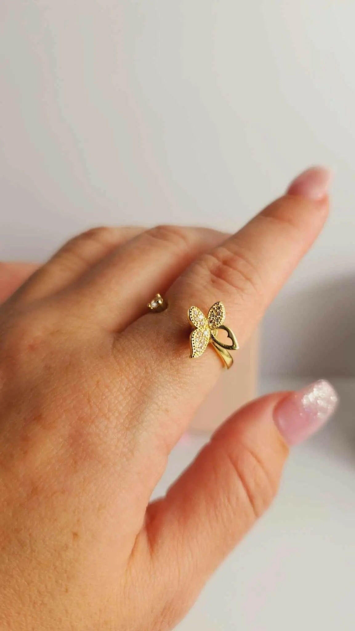 Mindful Rings Anxiety Ring Adjustable Size - One Size Fits All The Wellness Collection Mindful Rings - Gold Plated Iced Butterfly Fidget Spinner Ring