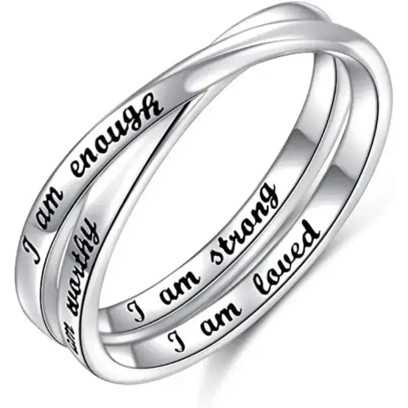 Mindful Rings Anxiety Ring White Gold Plated Inspirational Rings I Am Enough, I am Worthy, I am Strong, I Am Loved - Non Rotating Anxiety Relief Jewellery