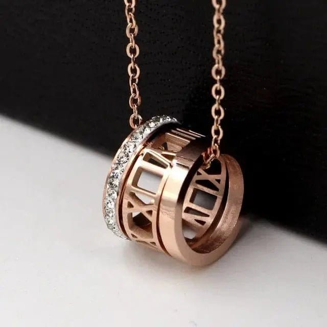 Roman Number Rose Gold over Stainless Steel Silver Anxiety Relief Fidget Necklace - Mindful Rings