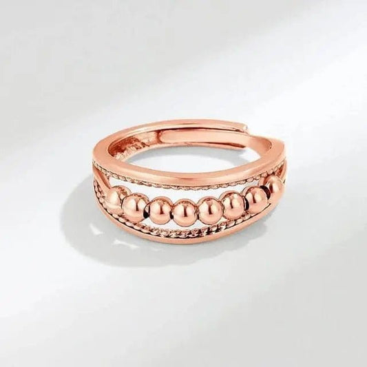 Rose Gold 9 Bead Double Layer Silver Ring - Rotating Fidget Anxiety Ring - Mindful Rings