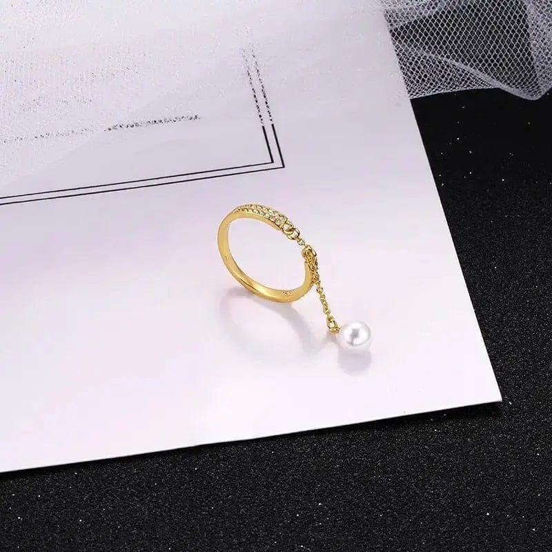 Simulated Pearl Dangle Cz Gem Chain Ring - Fidget Anxiety Ring - Mindful Rings