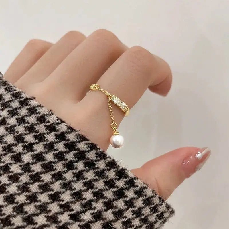 Simulated Pearl Dangle Cz Gem Chain Ring - Fidget Anxiety Ring - Mindful Rings