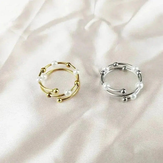 Stainless Steel Bead and Pearl Ring - Spinning Rotating Fidget Anxiety Ring - Mindful Rings