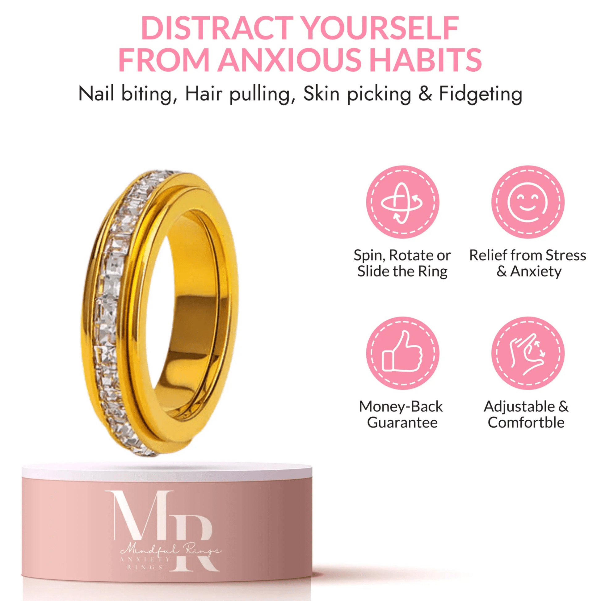 The Essence Collection Mindful Rings - Gold Plated Sterling Silver Fidget Rotating Spinner Ring - Mindful Rings