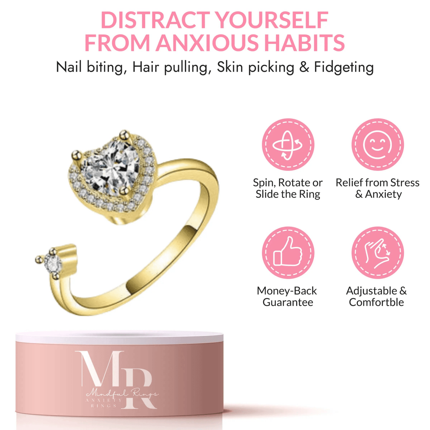 The Love - Centered Collection Mindful Rings - Gold Plated Clear Heart Gemmed Fidget Spinner Ring - Mindful Rings