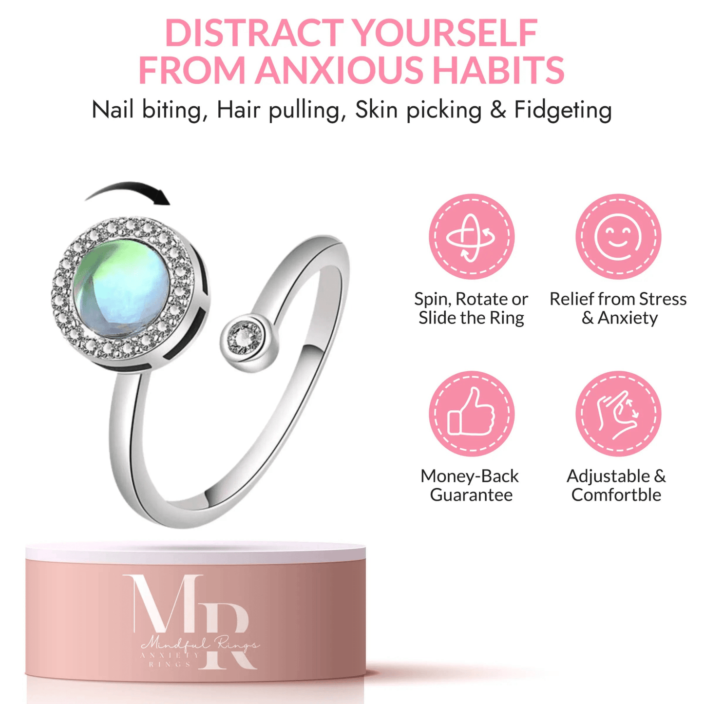 The Moonstone Collection - Blue Moonstone Fidget Spinner Ring - Mindful Rings