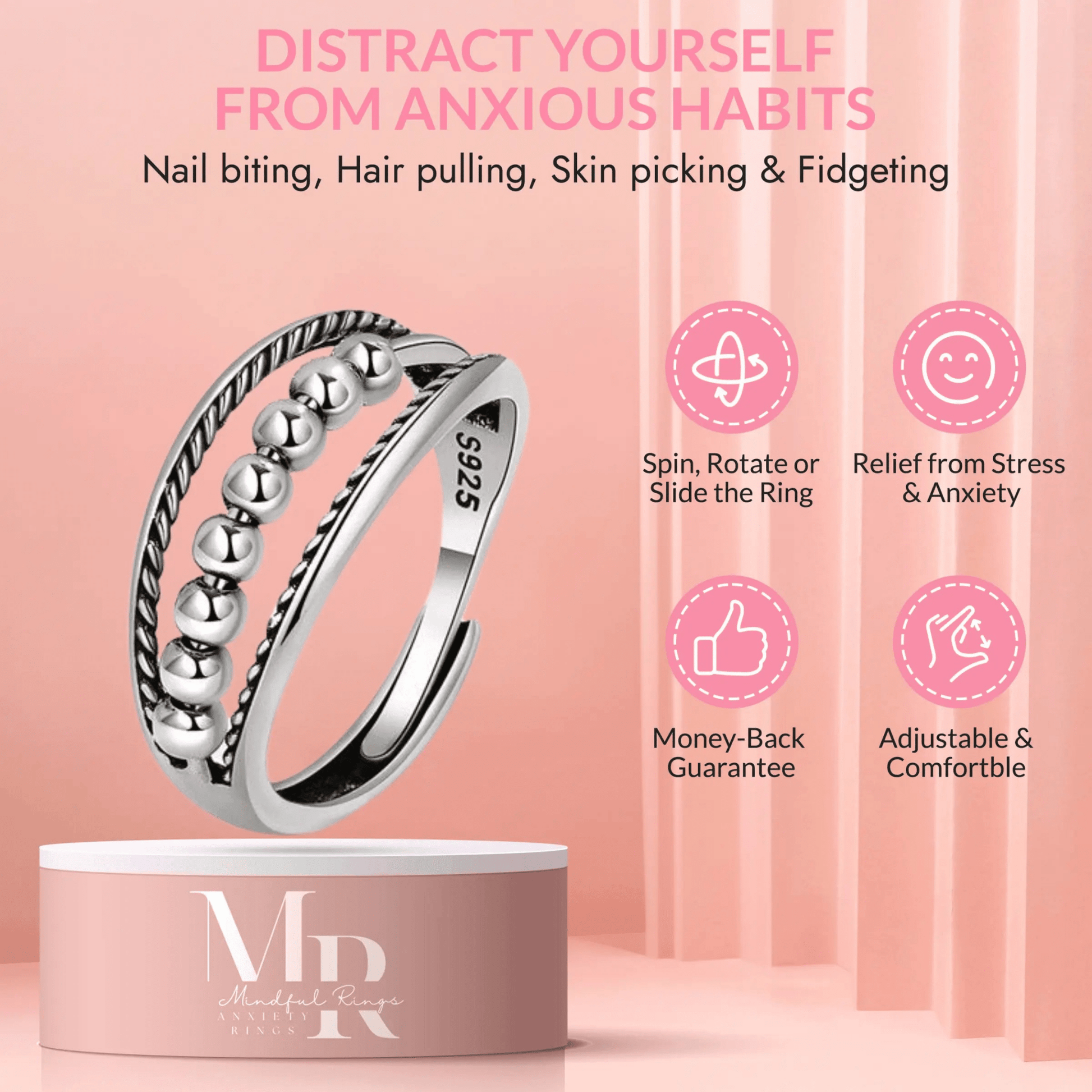 The Serenity Collection - Silver Fidget Spinner Ring - Mindful Rings