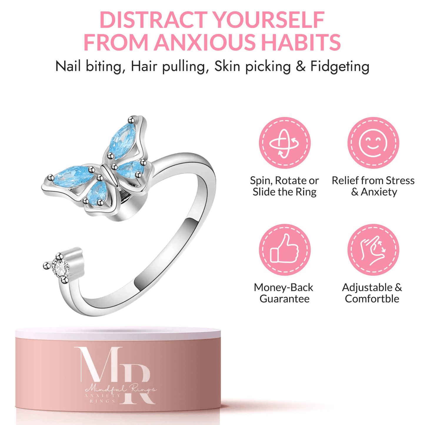 The Wellbeing Collection - Blue Butterfly Fidget Spinner Ring - Mindful Rings