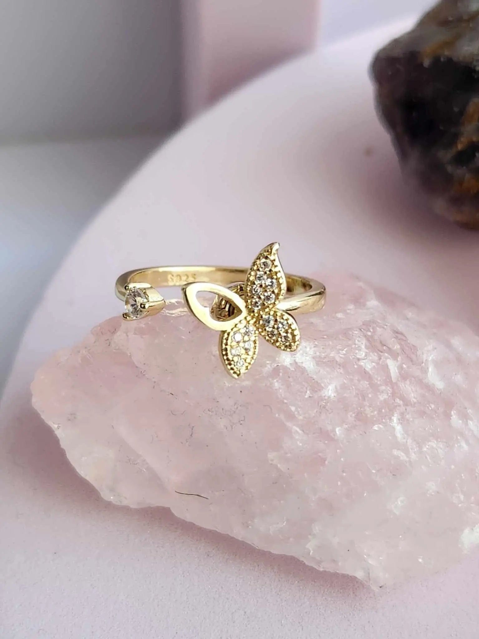 The Wellness Collection Mindful Rings - Gold Plated Iced Butterfly Fidget Spinner Ring - Mindful Rings