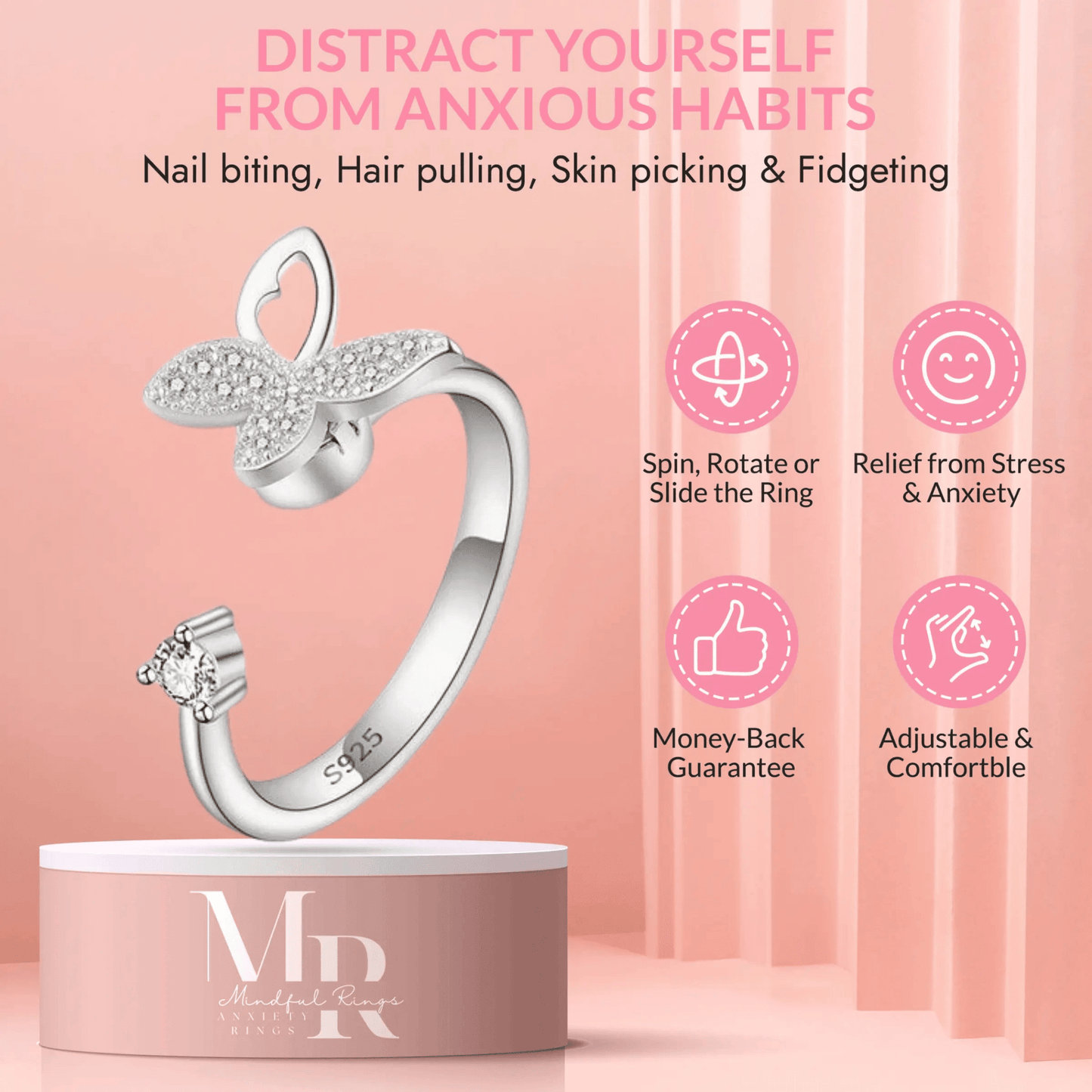 The Wellness Collection Mindful Rings - Iced Butterfly Fidget Spinner Ring - Mindful Rings